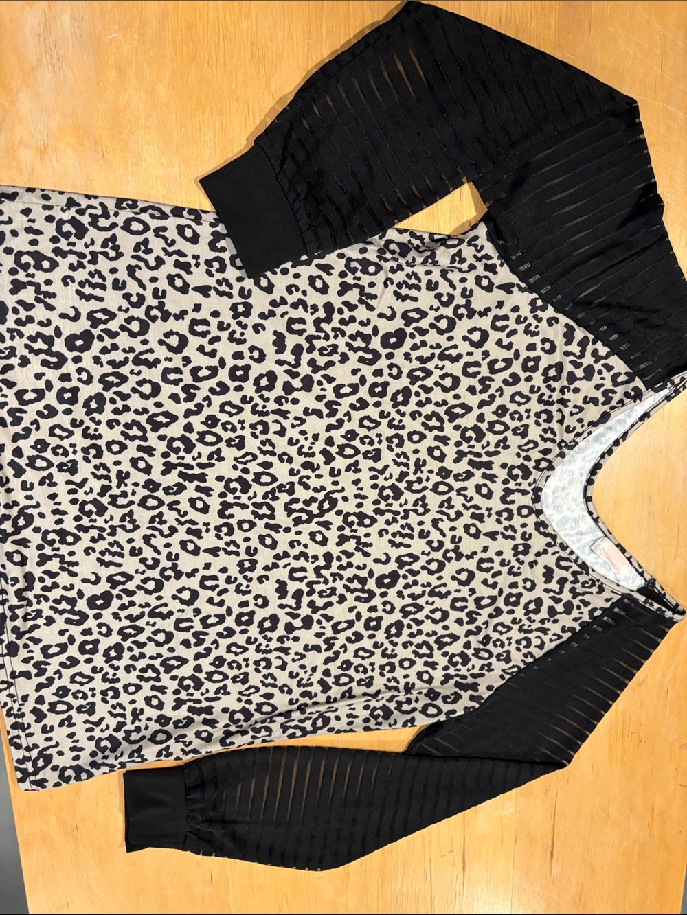 Beige Leopard Print Blouse with Sheer Black Sleeve Detail